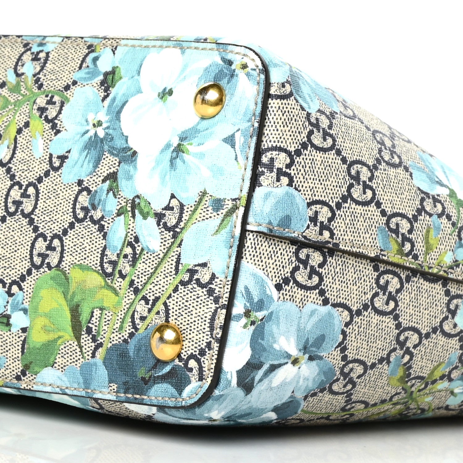 Gucci GG Supreme Monogram Blooms Medium Zippered Bucket Tote Beige Blue Navy Hibiscus Red 9 of 9