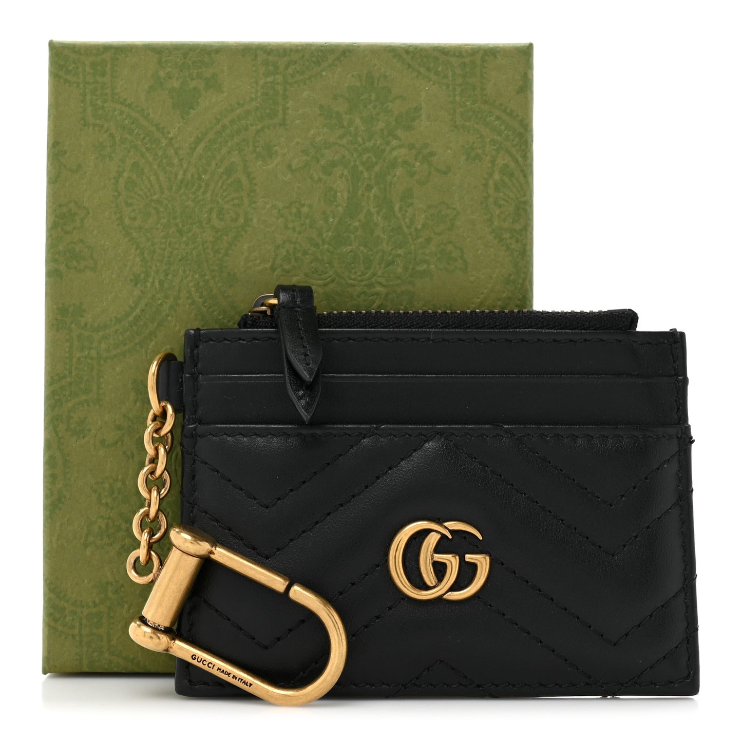 Calfskin Matelasse Chevron GG Marmont Key Case Card Holder Black