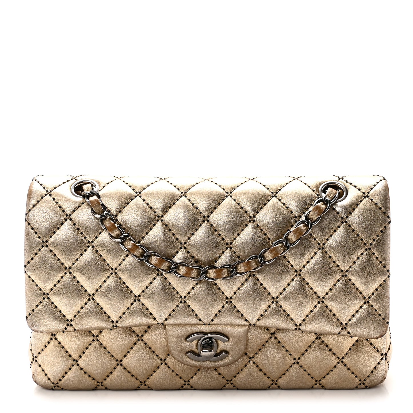 Metallic Washed Lambskin Quilted Medium Double Flap Dark Gold Black