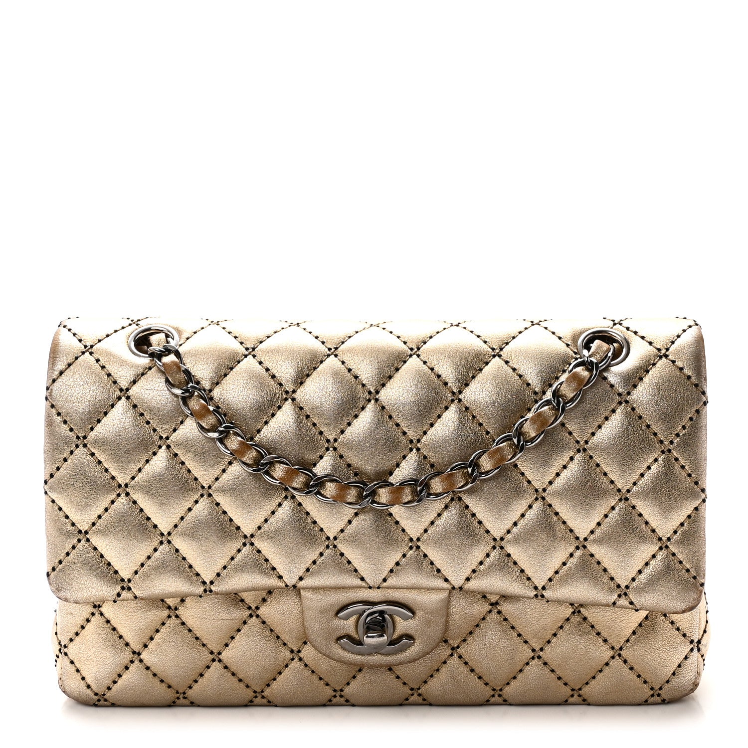 Chanel Metallic Washed Lambskin Quilted Medium Double Flap Dark Gold Black 1 of 10