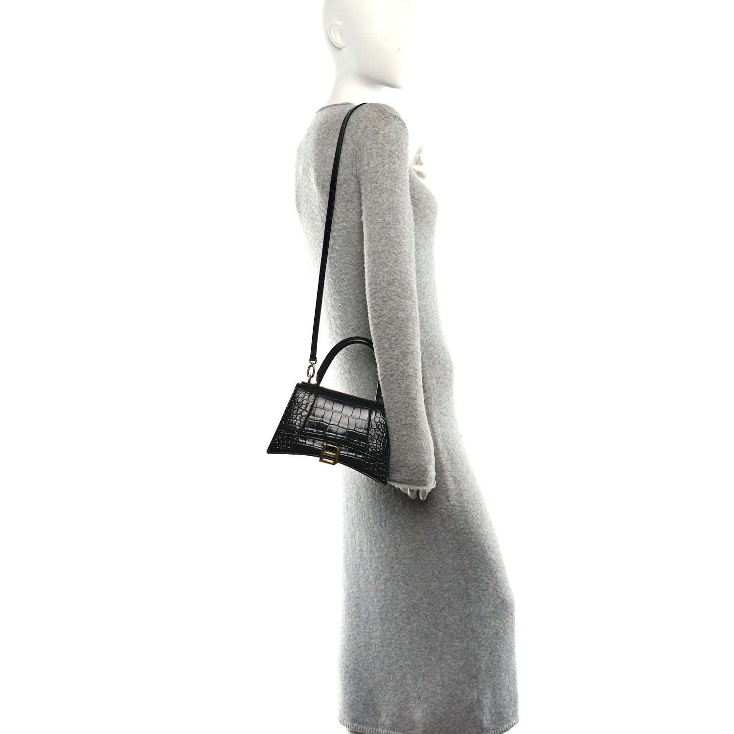 Balenciaga Shiny Calfskin Crocodile Embossed Small Hourglass Top Handle Bag Black 2 of 11