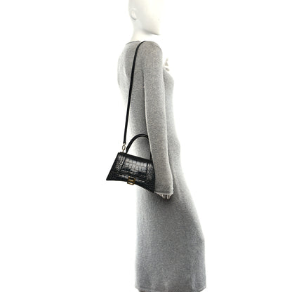 Balenciaga Shiny Calfskin Crocodile Embossed Small Hourglass Top Handle Bag Black 2 of 11