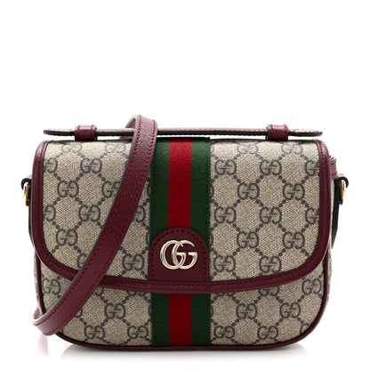 Gucci GG Supreme Monogram Textured Dollar Calfskin Small Ophidia Top Handle Shoulder Bag Beige Bordeaux 1 of 11