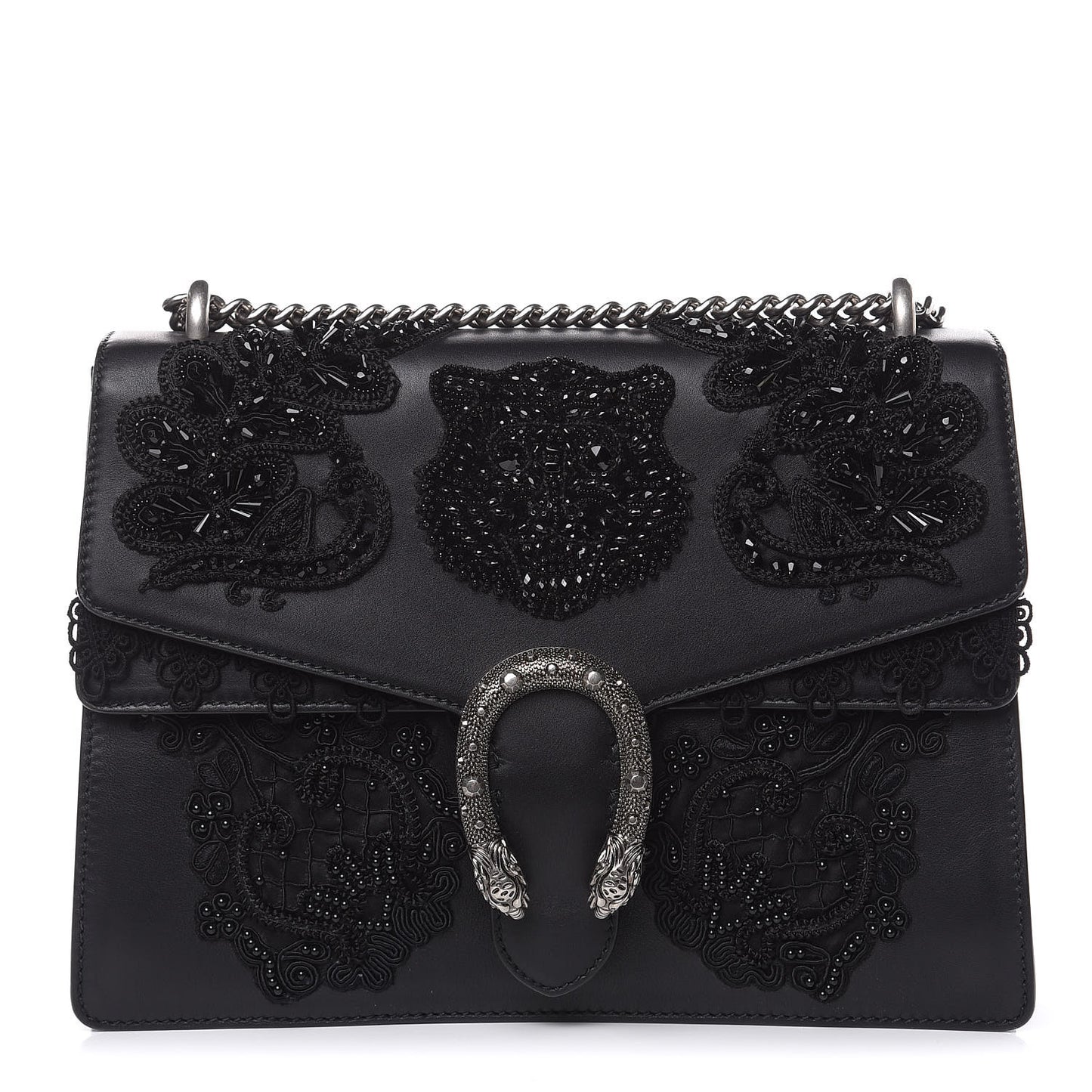 Calfskin Embroidered Medium Dionysus Shoulder Bag Black