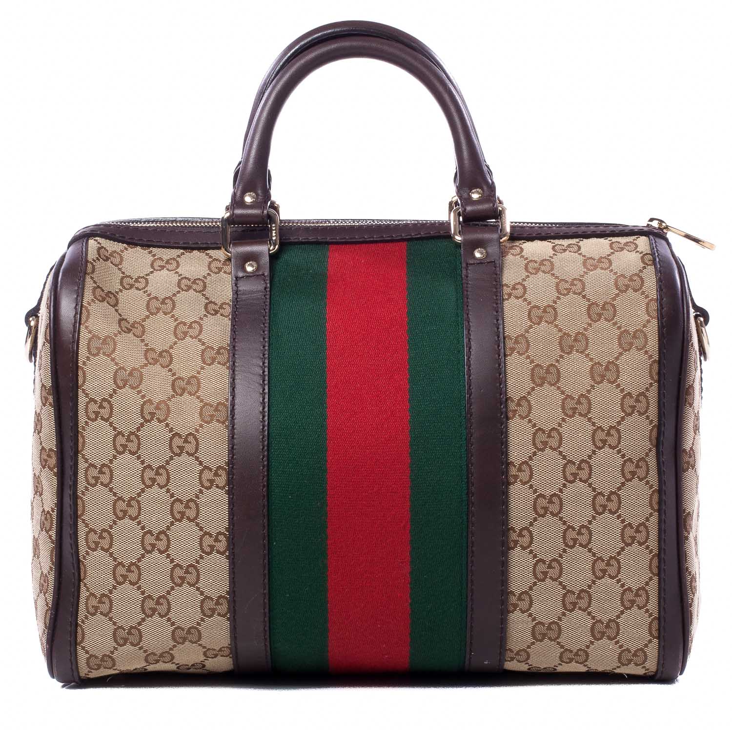 Gucci Monogram Selleria Calfskin Vintage Web Medium Boston Beige Ebony Cocoa 1 of 9