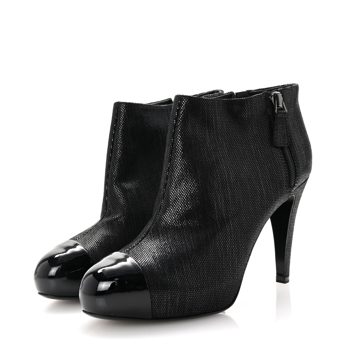 Metallic Tweed Patent Cap Toe CC Ankle Booties 38 Black