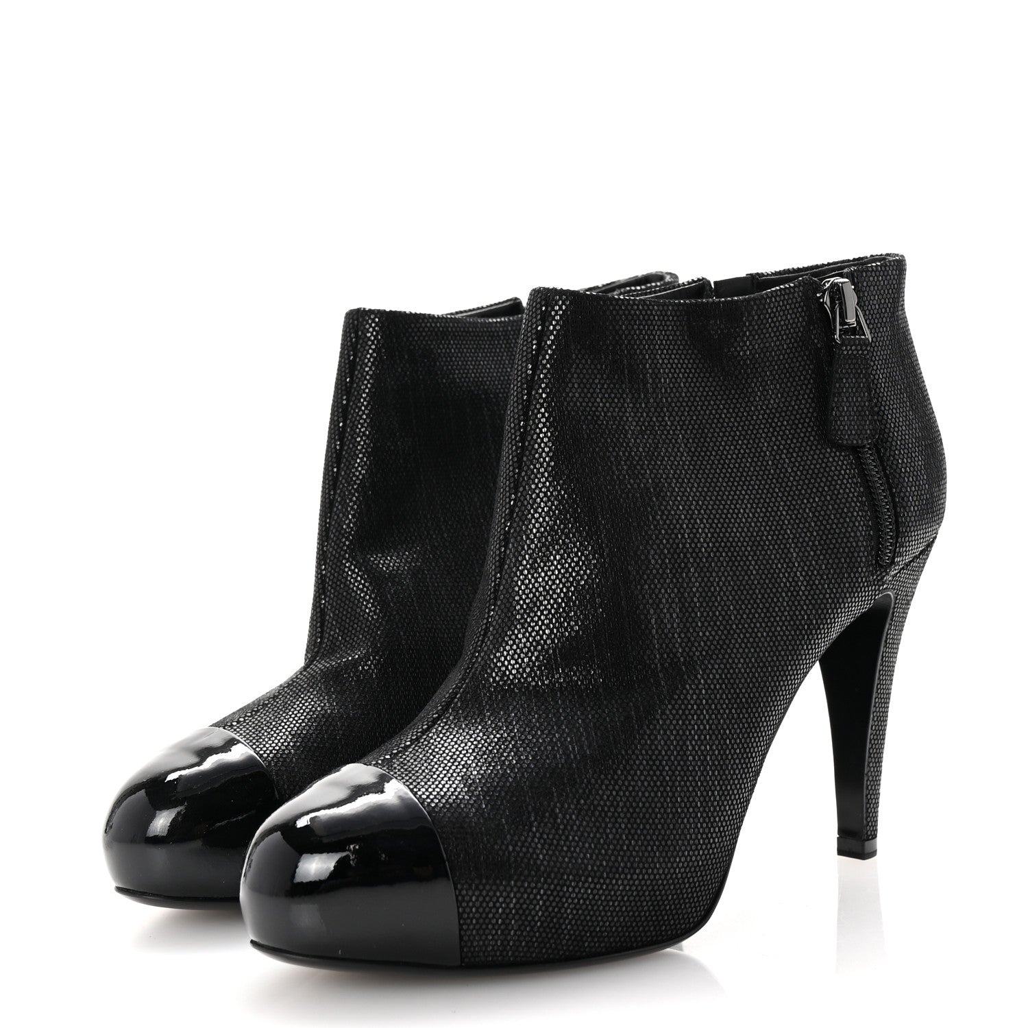 Chanel Metallic Tweed Patent Cap Toe CC Ankle Booties 38 Black 4 of 9