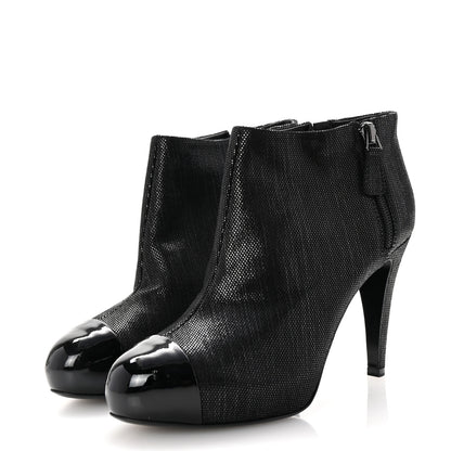 Chanel Metallic Tweed Patent Cap Toe CC Ankle Booties 38 Black 4 of 9