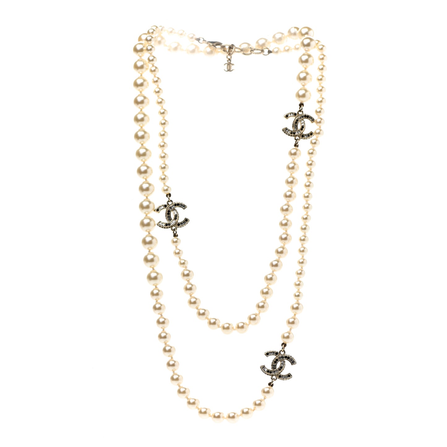Graduated Pearl Crystal CC Long Necklace Gold Black