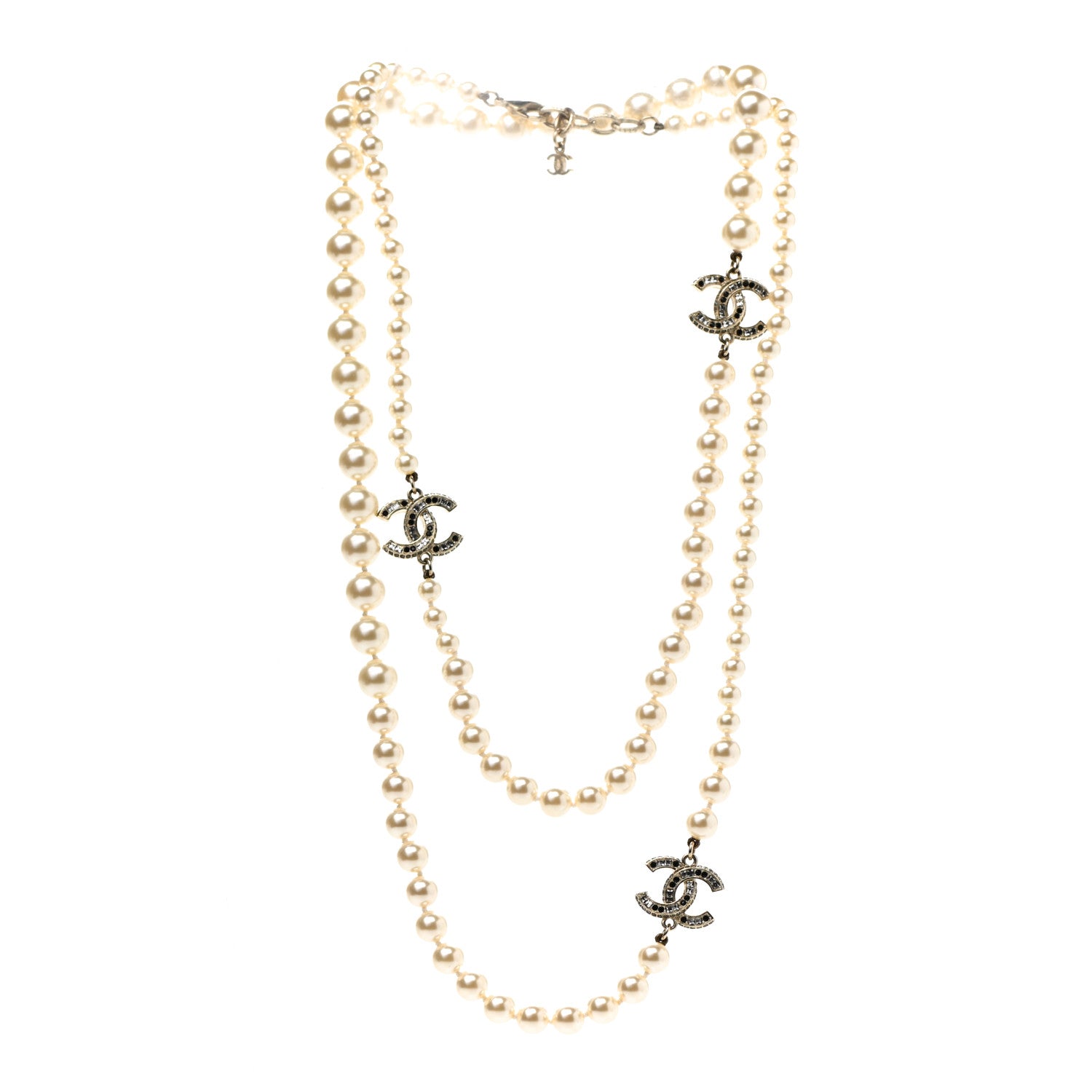 Chanel Graduated Pearl Crystal CC Long Necklace Gold Black 3 of 6