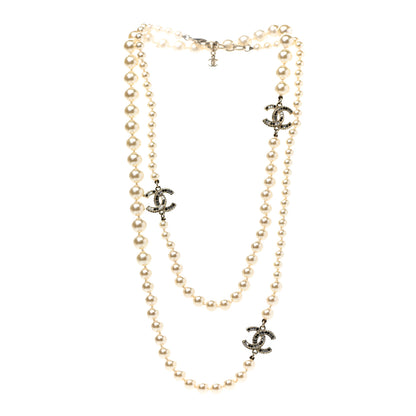 Chanel Graduated Pearl Crystal CC Long Necklace Gold Black 3 of 6