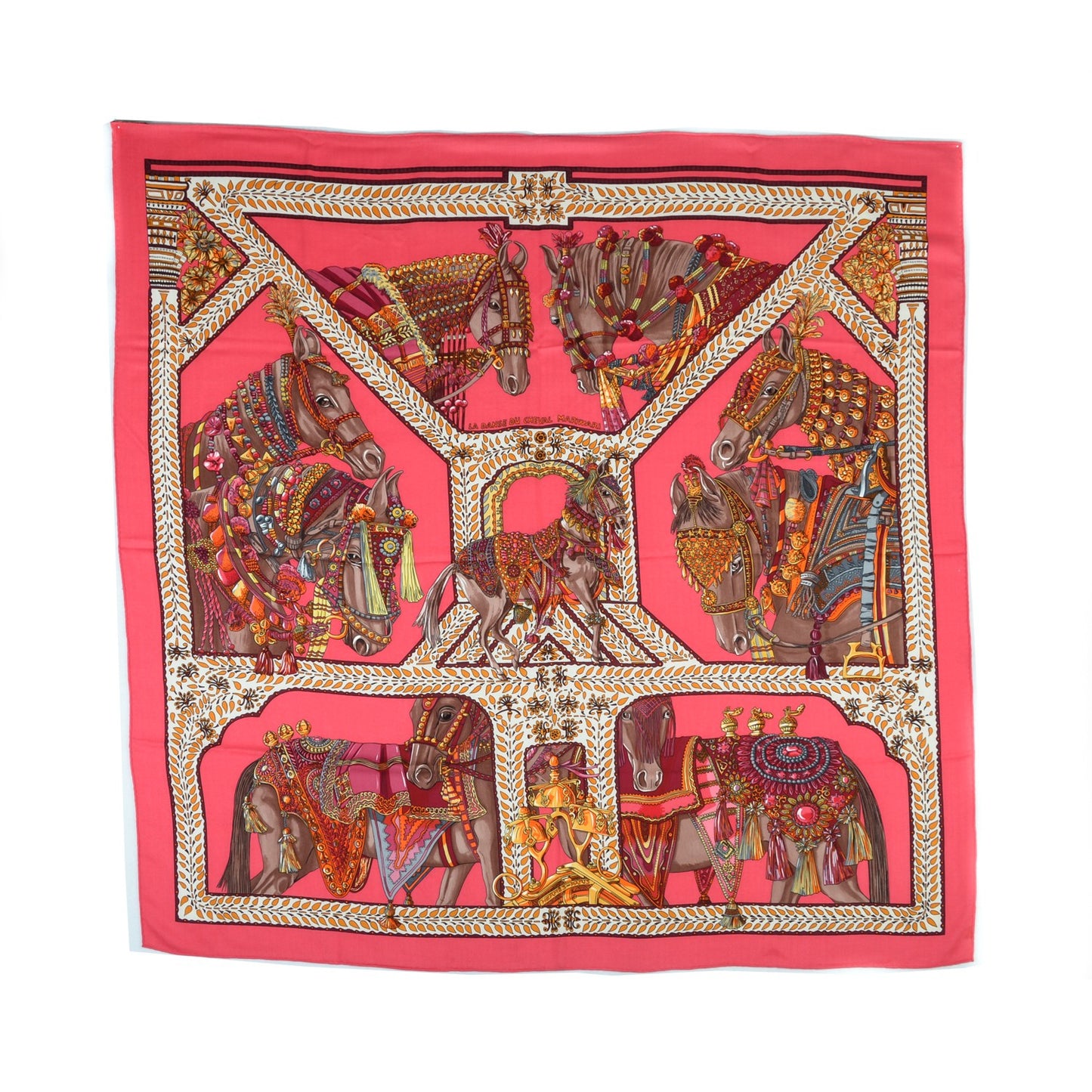 Cashmere Silk La Danse Du Cheval Marwari Shawl 140 Rose Vif Orange Fuchsia
