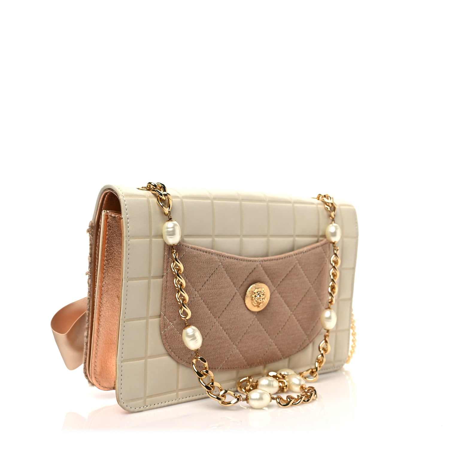 Chanel Tweed Jersey Lambskin Pearl Square Quilted Camellia Chain Flap Ivory Beige Gold 2 of 7