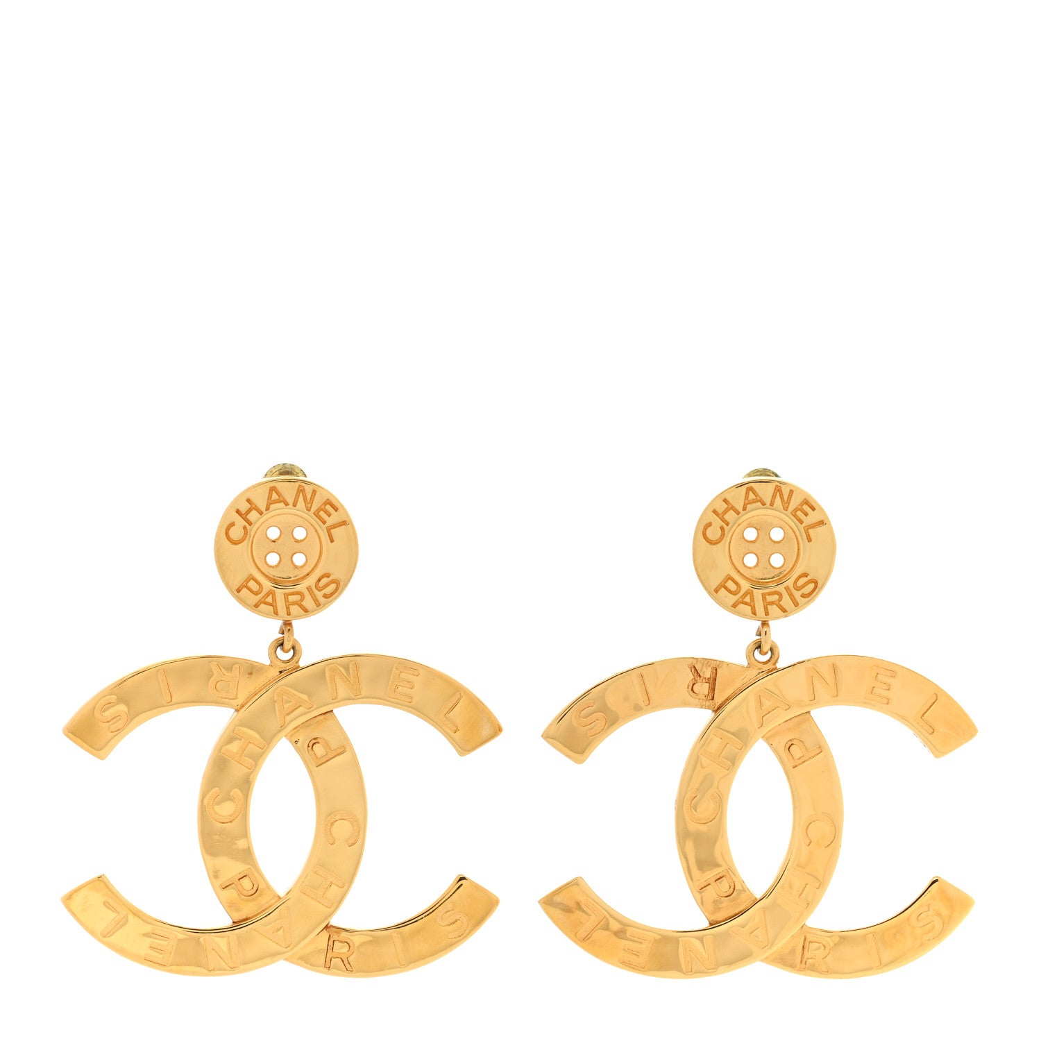 Chanel Metal Large Paris Button Earrings Gold 1 of 4