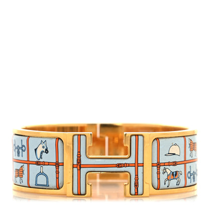 Hermes Enamel Printed Wide Couvertures et Tenues de Jour Clic Clac H Bracelet PM Orange Bleu 1 of 4
