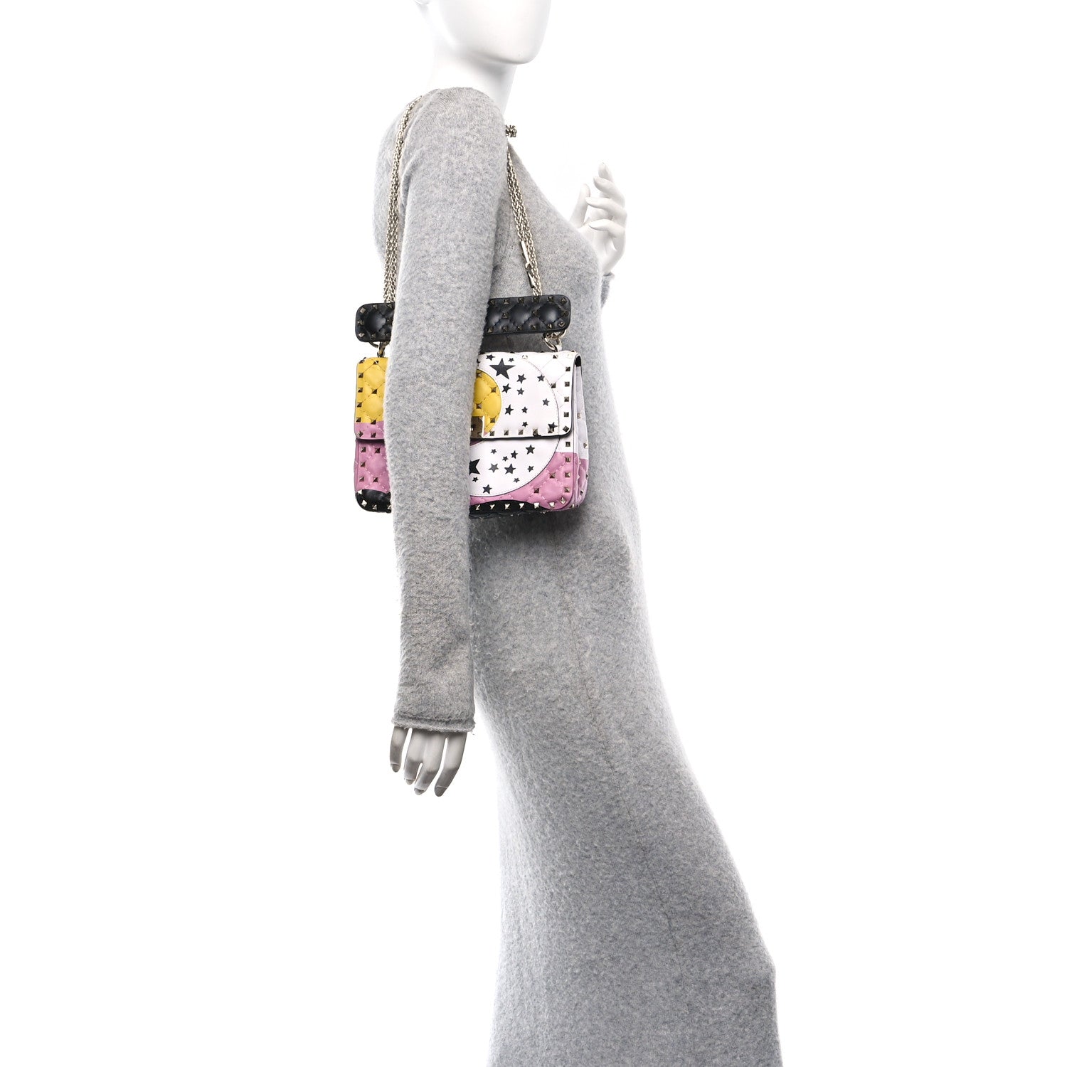 Valentino Garavani Lambskin Medium Moon And Stars Rockstud Spike Shoulder Bag White Yellow Pink 2 of 9