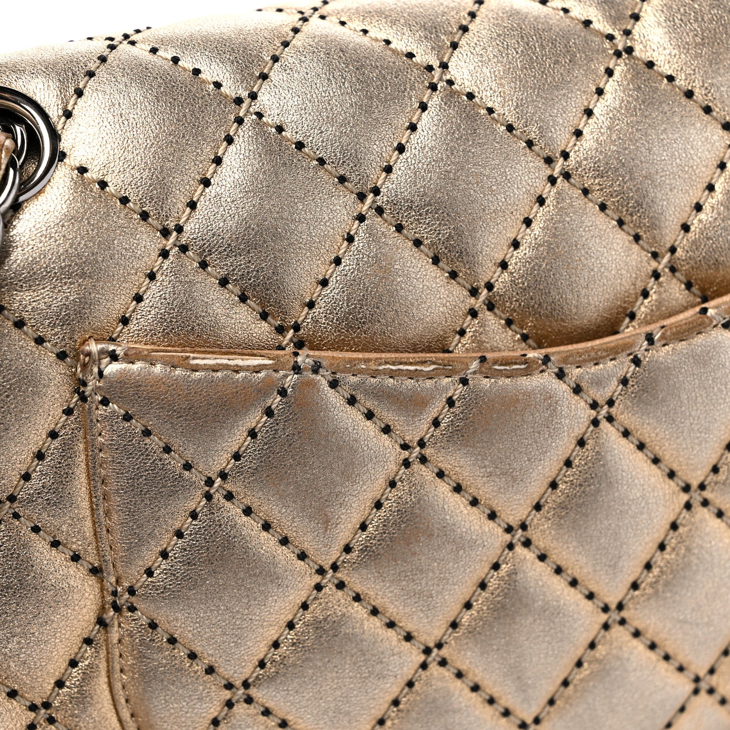 Metallic Washed Lambskin Quilted Medium Double Flap Dark Gold Black
