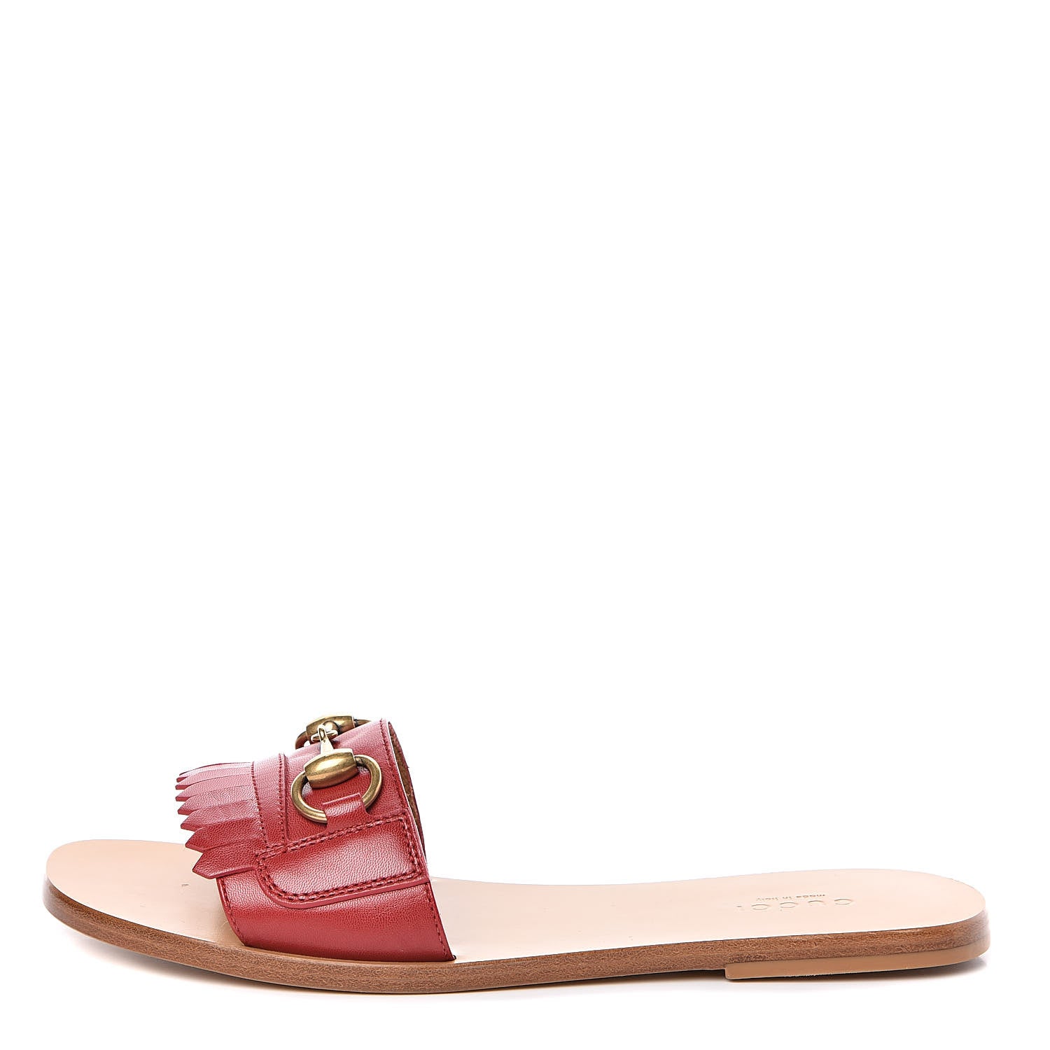 Gucci Malaga Kid Fringe Horsebit Slide Sandals 37.5 Hibiscus Red 1 of 9
