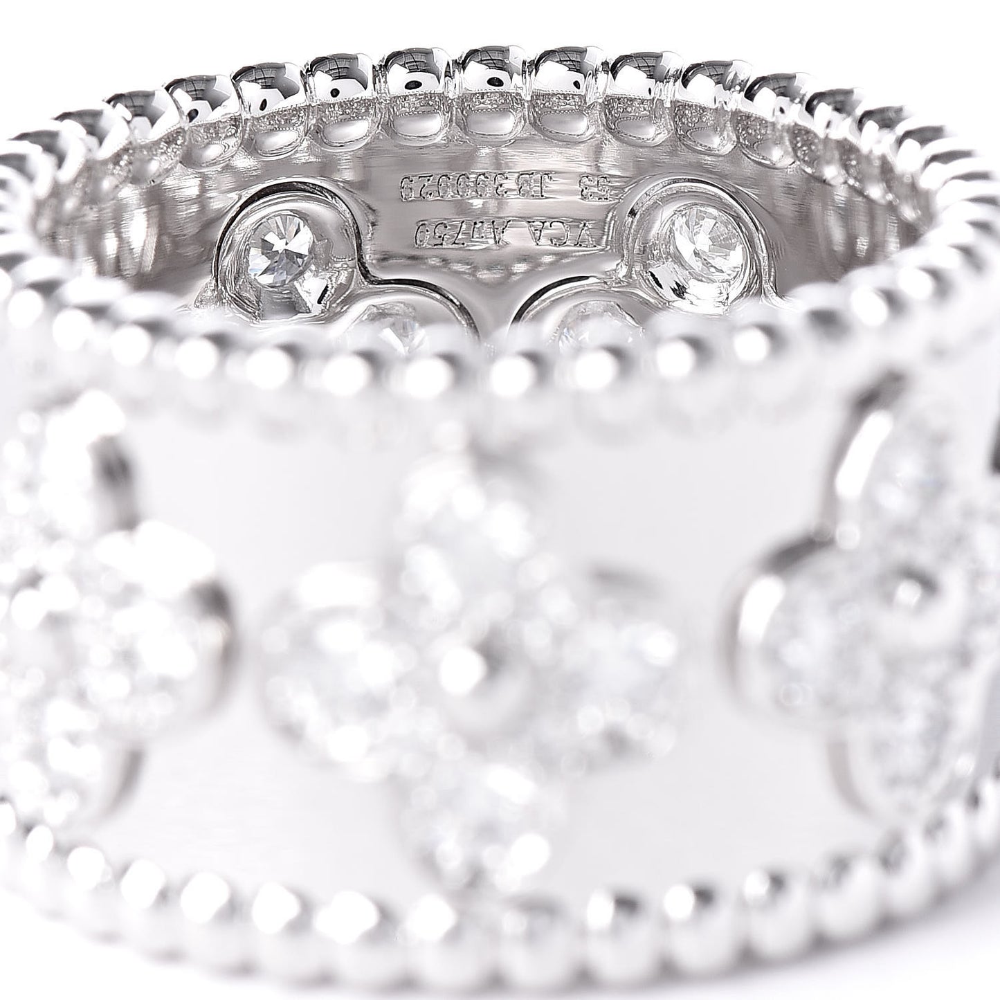 18K White Gold Diamond Perlee Clover Band Ring 53 6.5