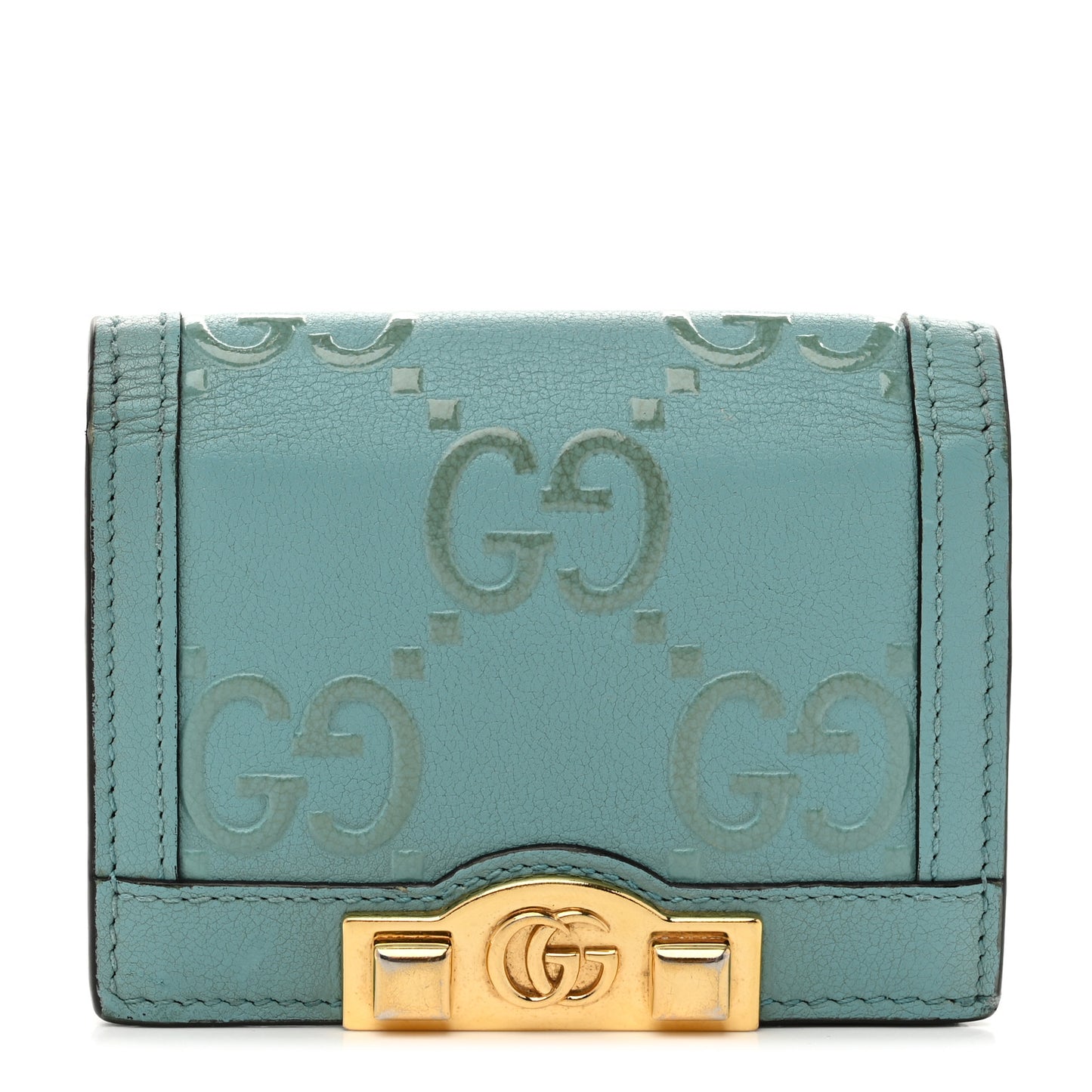 Wonka Grain Calfskin GG Monogram Embossed Card Case Wallet Dusty Azure