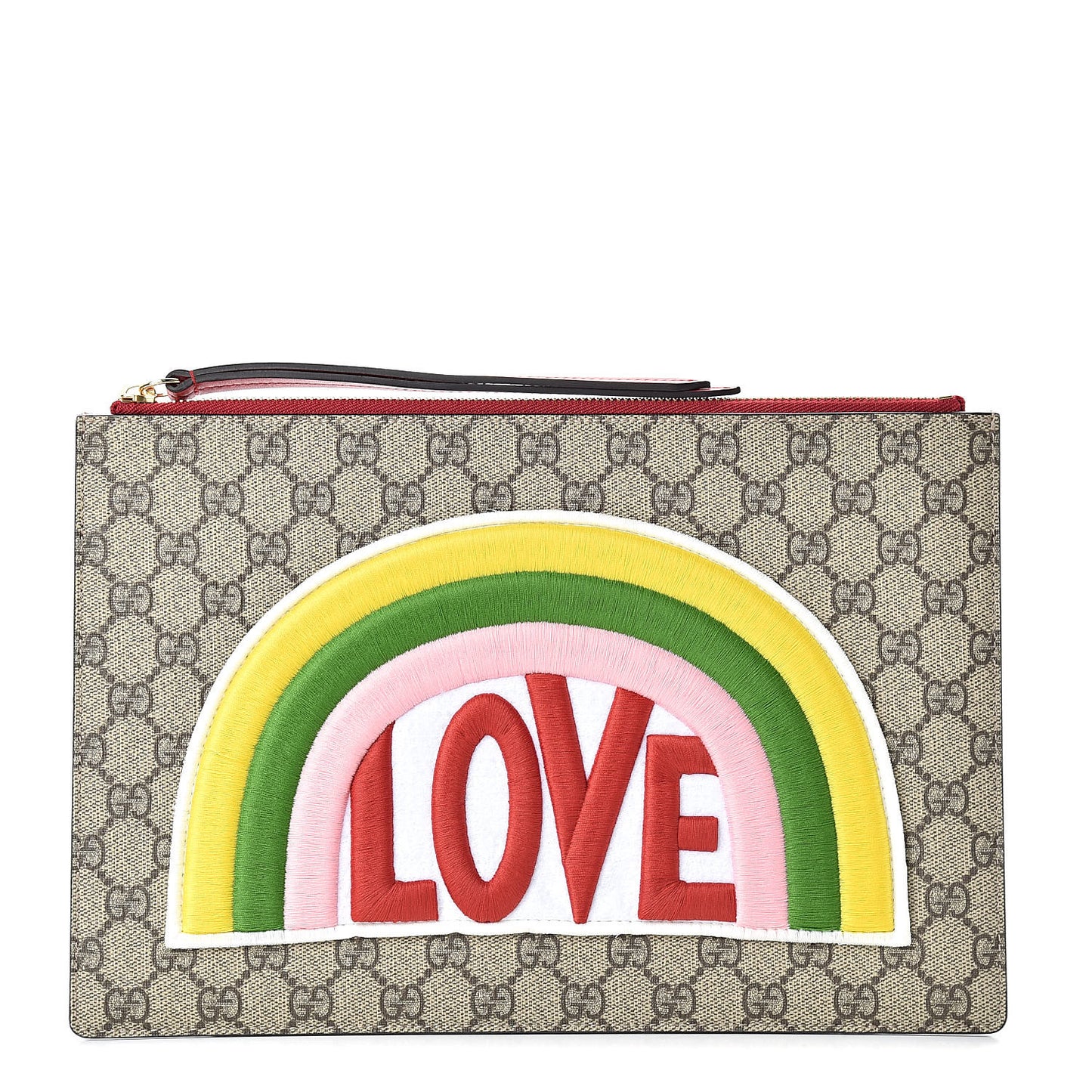 Calfskin GG Supreme Monogram Embroidered Rainbow Love Zip Pouch Red