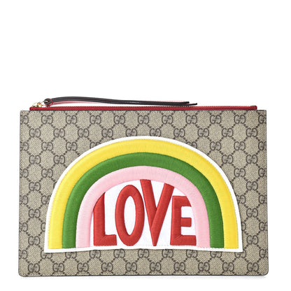 Gucci Calfskin GG Supreme Monogram Embroidered Rainbow Love Zip Pouch Red 1 of 8