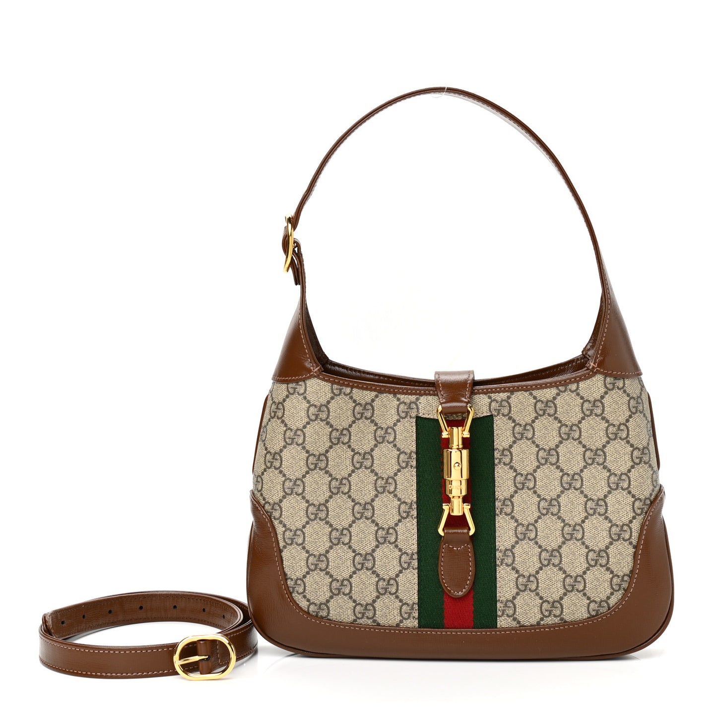 GG Supreme Monogram Azalea Calfskin Web Small Jackie 1961 Hobo Beige Ebony Brown Sugar