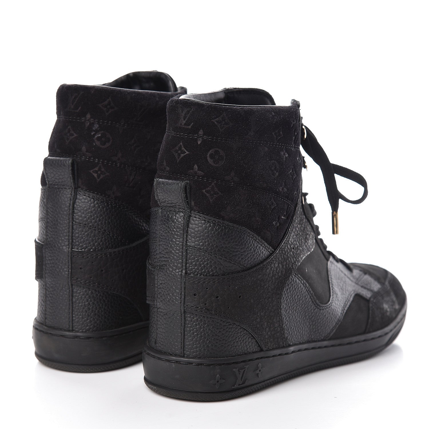 Louis Vuitton Calfskin Suede Monogram Cliff Top Wedge Sneakers 38 Black 4 of 10