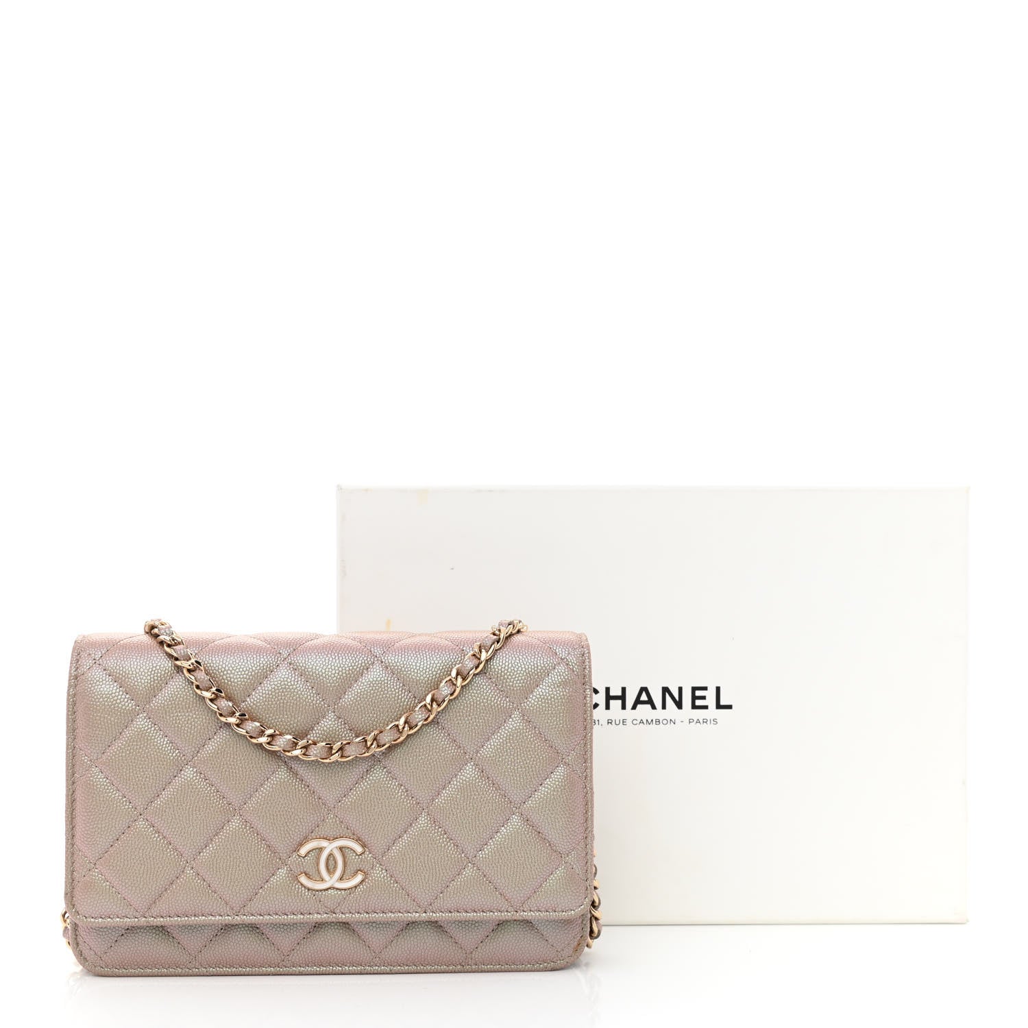 Chanel Iridescent Caviar Quilted Wallet On Chain WOC Beige 15 of 15