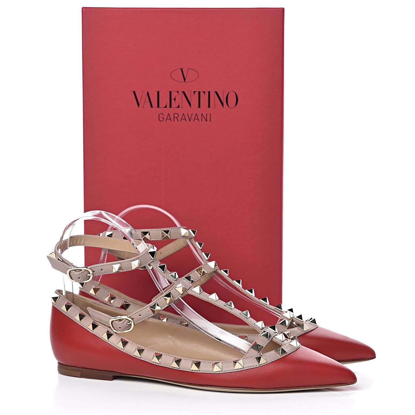 Calfskin Nappa Rockstud Cage Ballerina Flats 37 Rosso Valentino Poudre