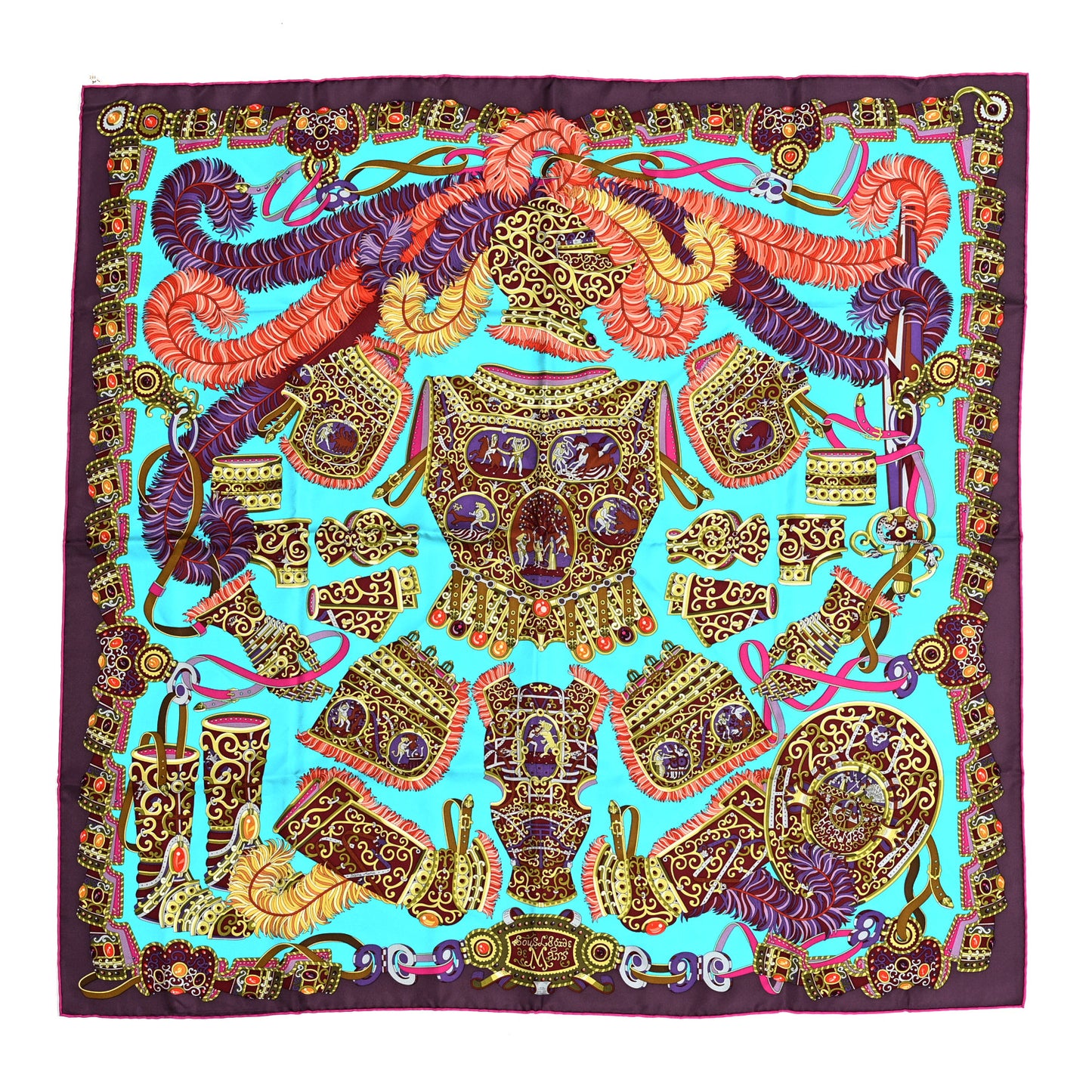 Silk Sous L'Egide De Mars Scarf 90 Turquoise Prune Corail