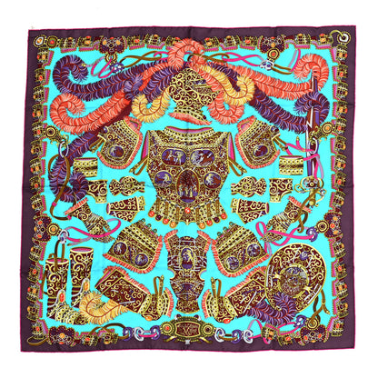 Hermes Silk Sous L'Egide De Mars Scarf 90 Turquoise Prune Corail 1 of 7