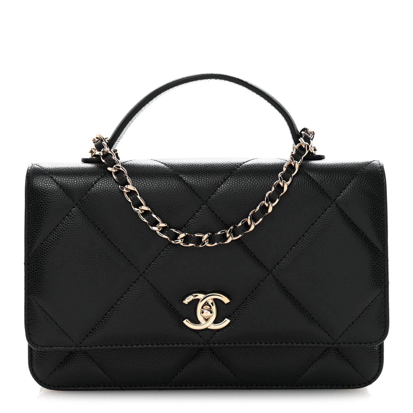 Shiny Caviar Quilted Turnlock Top Handle Wallet On Chain WOC Black