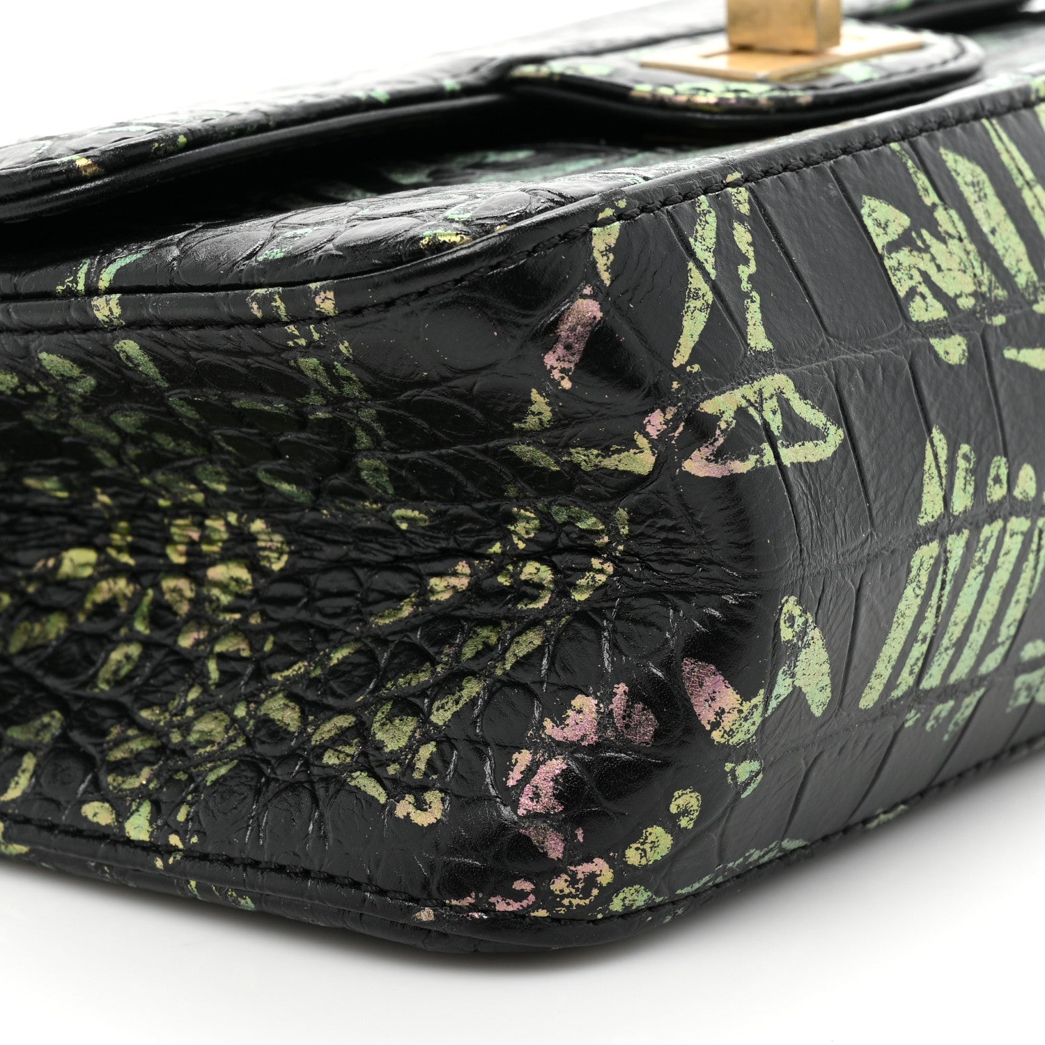 Chanel Calfskin Crocodile Embossed Graffiti 2.55 Mini Cocodile Reissue Flap Black Pink 9 of 16