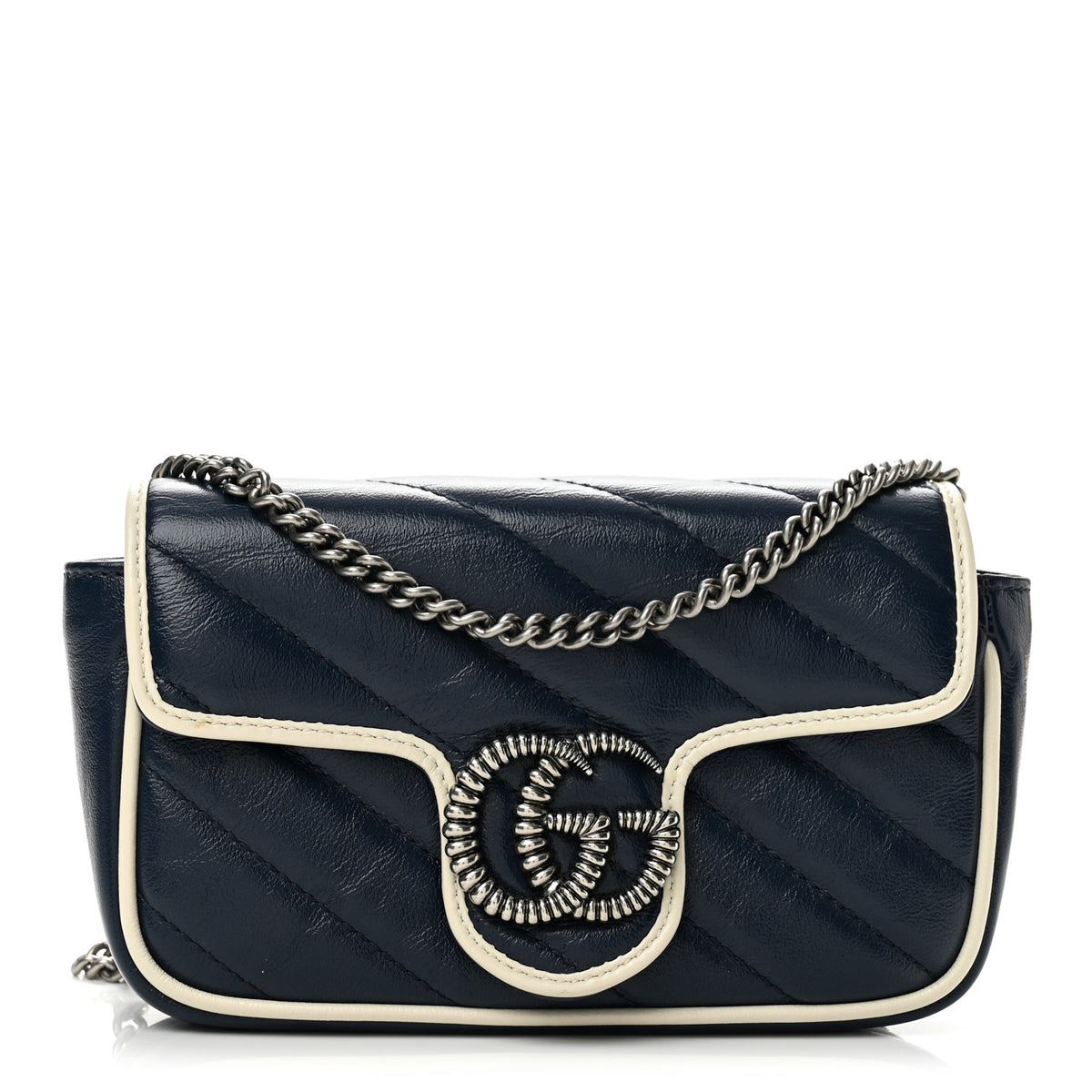 Vintage Effect Calfskin Matelasse Diagonal Super Mini Torchon GG Marmont Shoulder Bag Blue Agata Mystic White