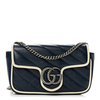 Gucci Vintage Effect Calfskin Matelasse Diagonal Super Mini Torchon GG Marmont Shoulder Bag Blue Agata Mystic White 1 of 12