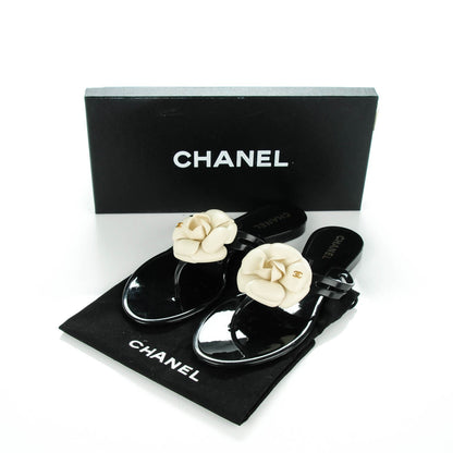 Chanel Jelly Camellia Thong Sandals 38 Black Ivory 15 of 16