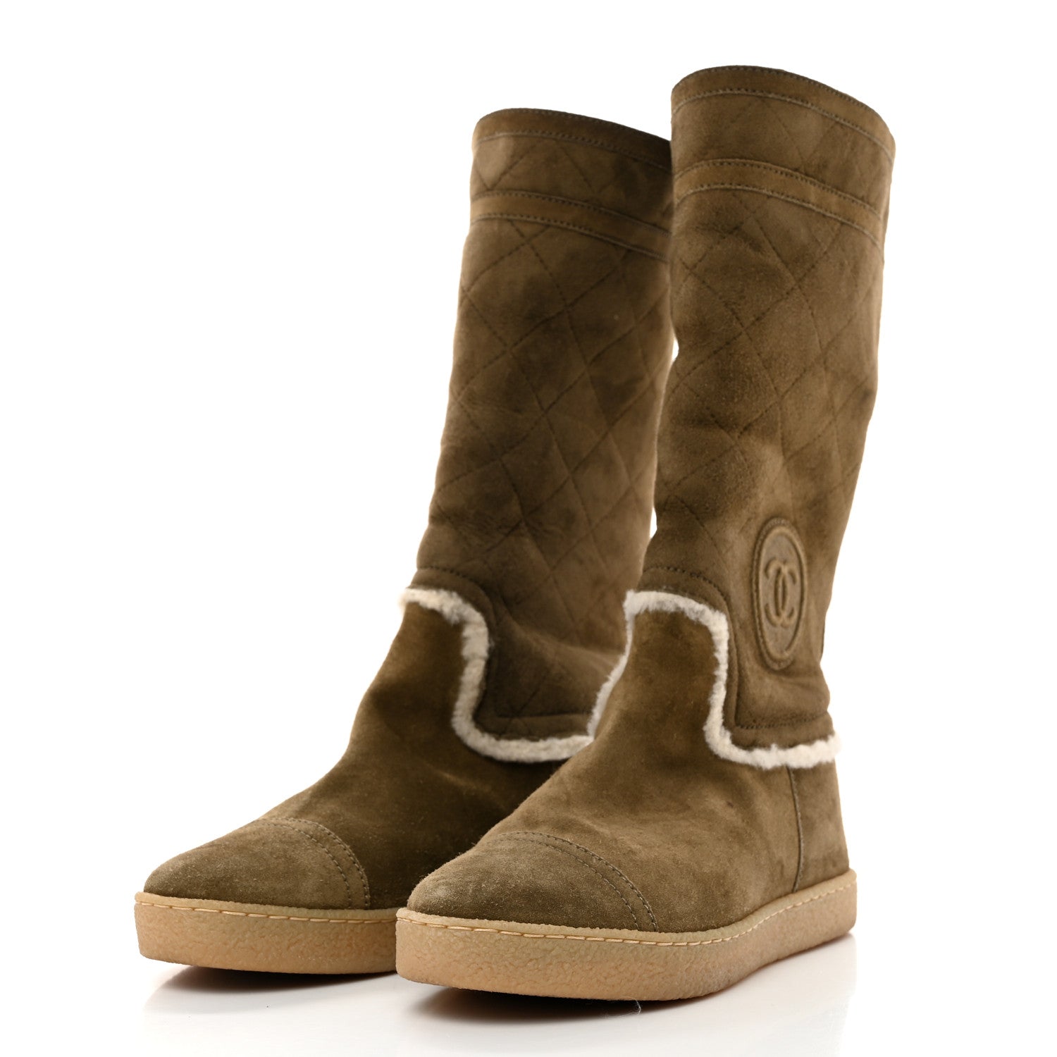 Chanel Suede Shearling Boots 36.5 Khaki 3 of 8