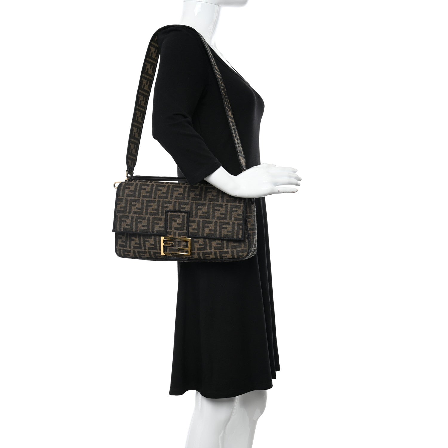 Fendi Fabric Jacquard FF 1974 Large Baguette Tobacco Moro Black 2 of 12