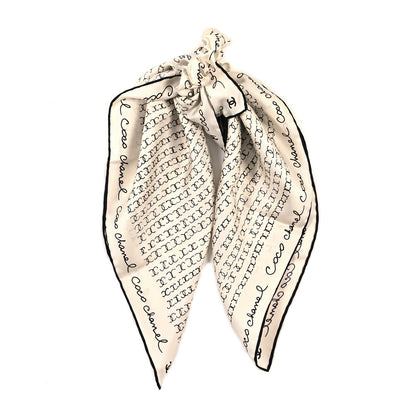 Chanel Silk Twill Square Scarf Hair Tie White Black 1 of 5