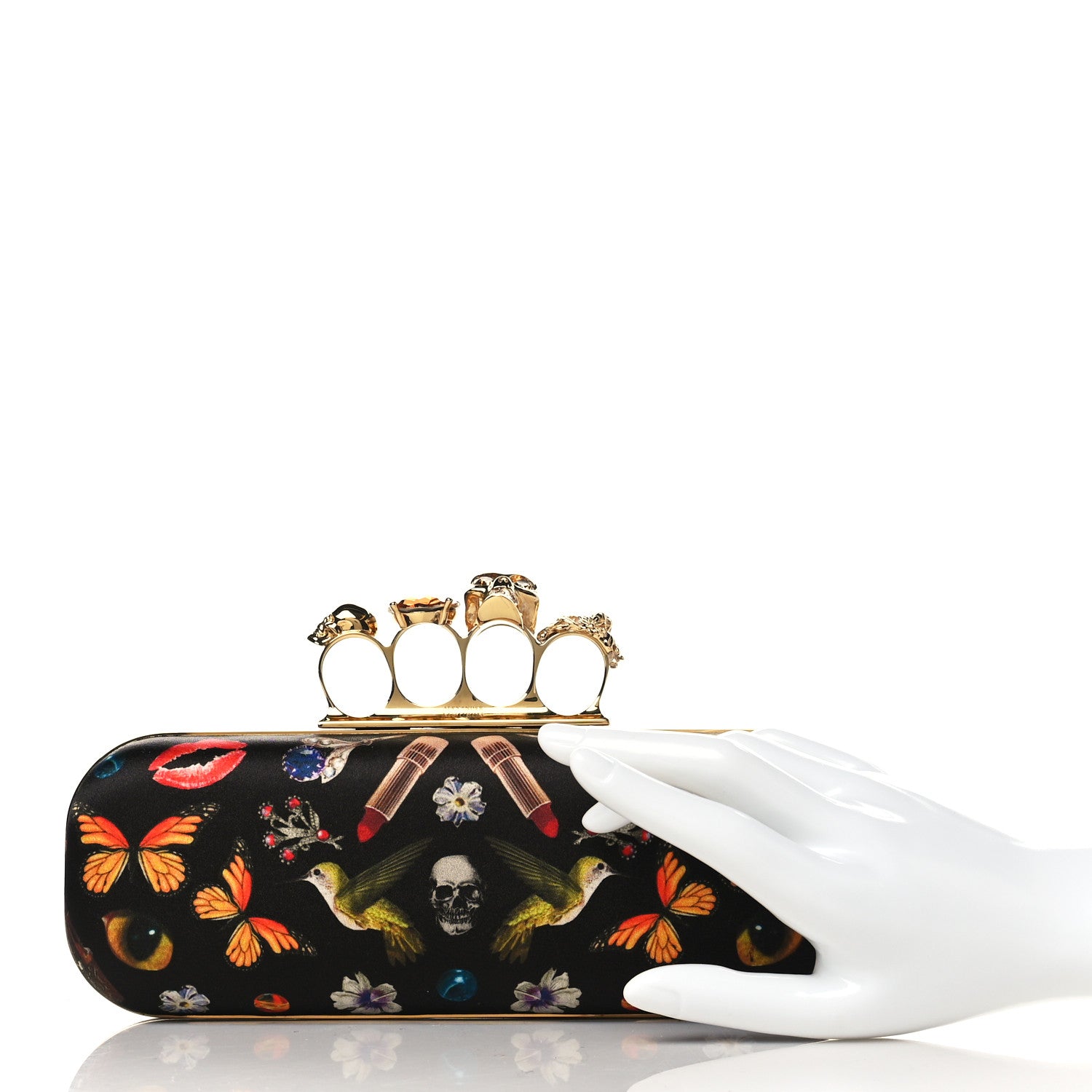 Alexander McQueen Silk Obsession Print Skull Knuckle Box Clutch Black 2 of 6