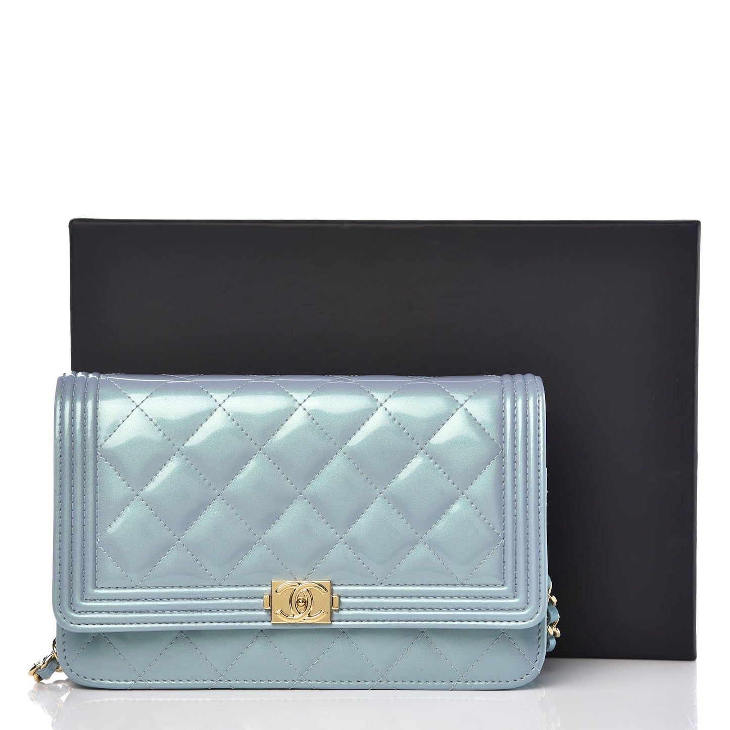 Metallic Patent Calfskin Quilted Boy Wallet on Chain WOC Light Blue