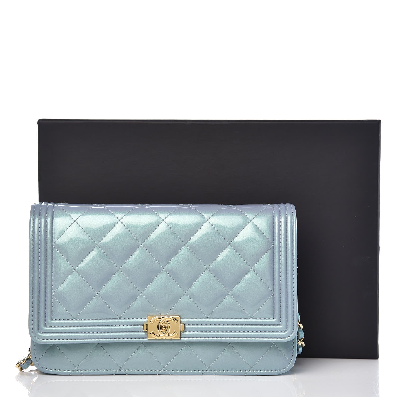Chanel Metallic Patent Calfskin Quilted Boy Wallet on Chain WOC Light Blue 10 of 10