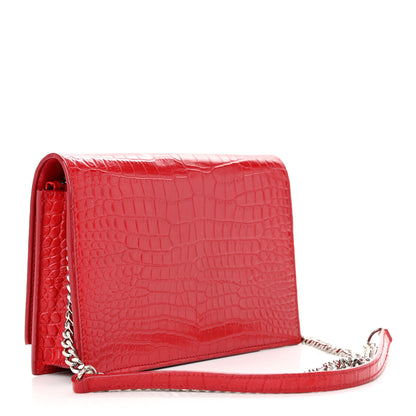 Saint Laurent Calfskin Crocodile Embossed Kate Monogram Tassel Chain Wallet Red 3 of 16