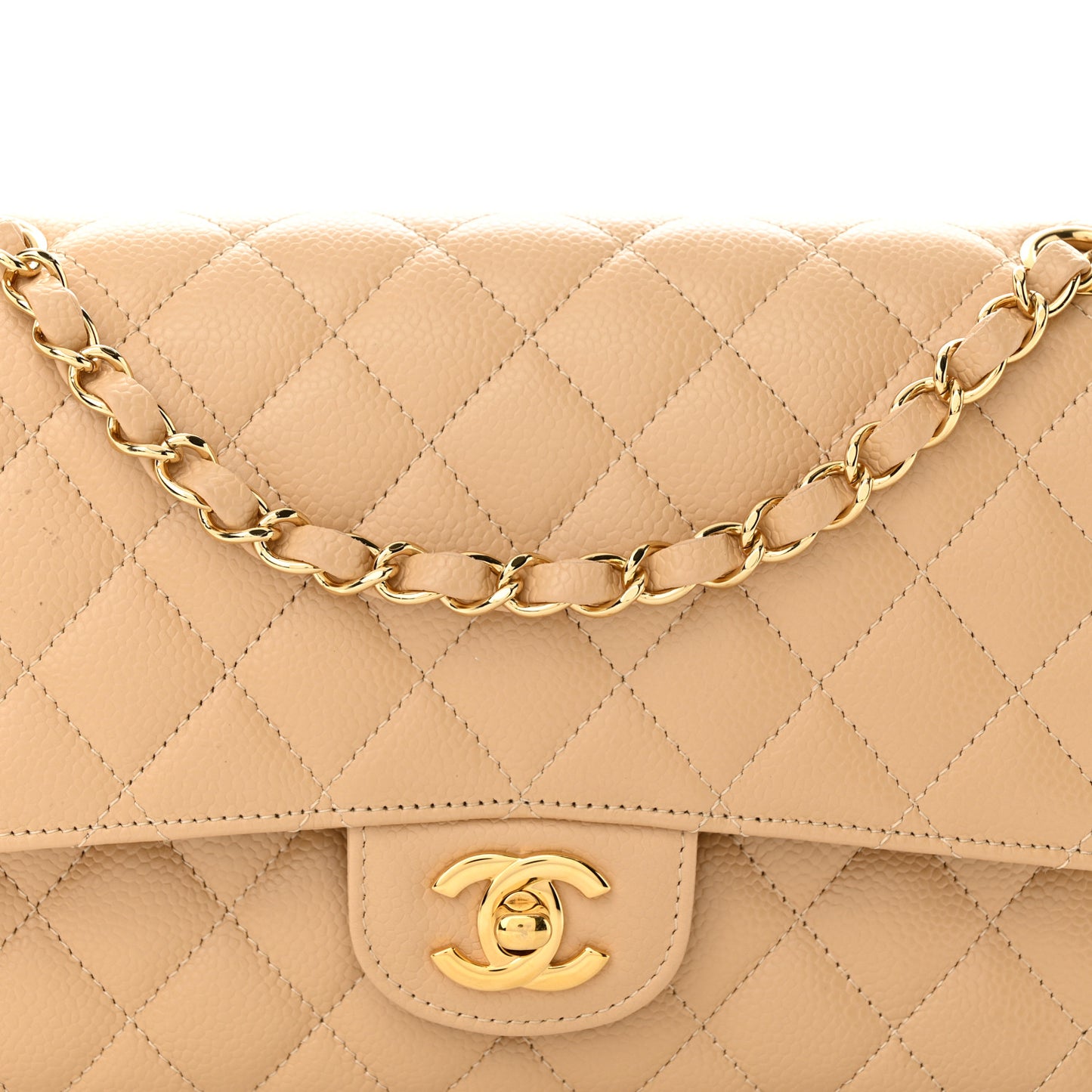 Caviar Quilted Medium Double Flap Beige