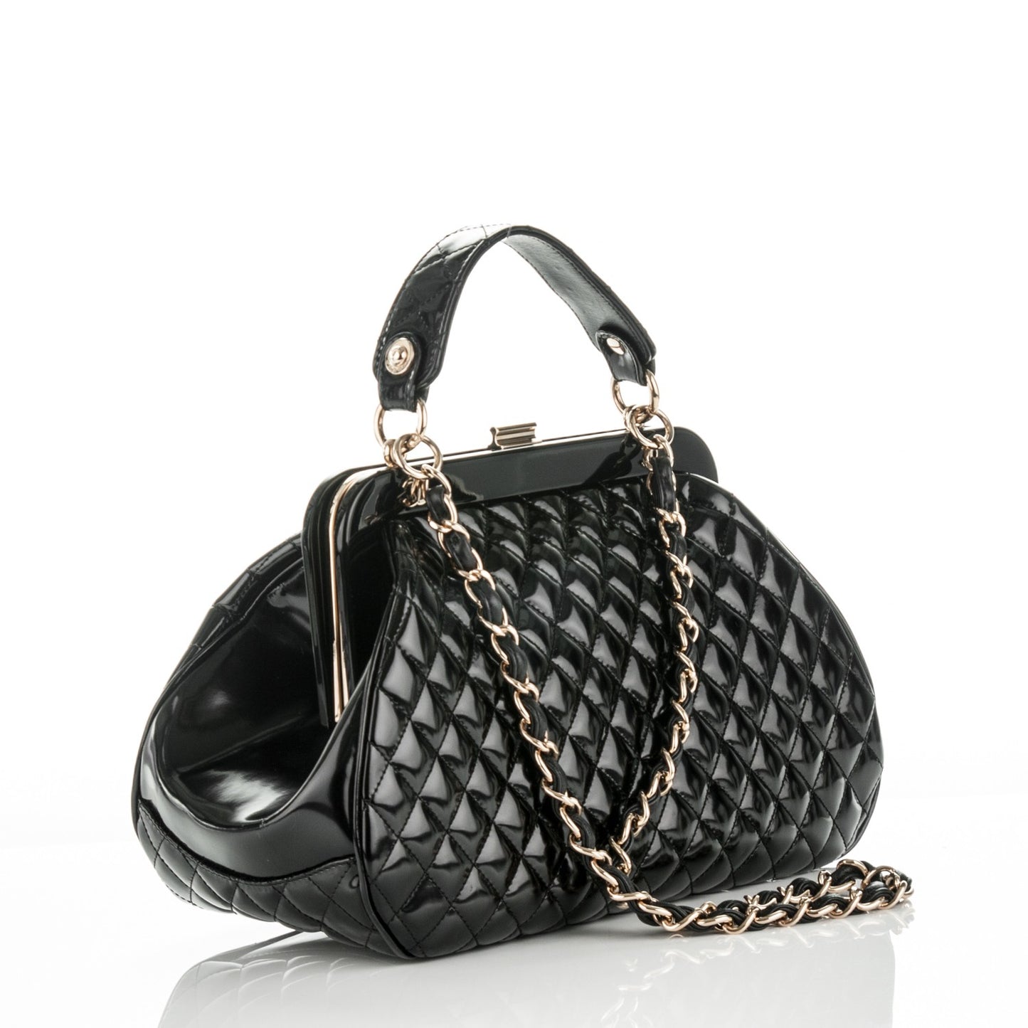 Glazed Calfskin Quilted Small Mademoiselle Frame Bag Black
