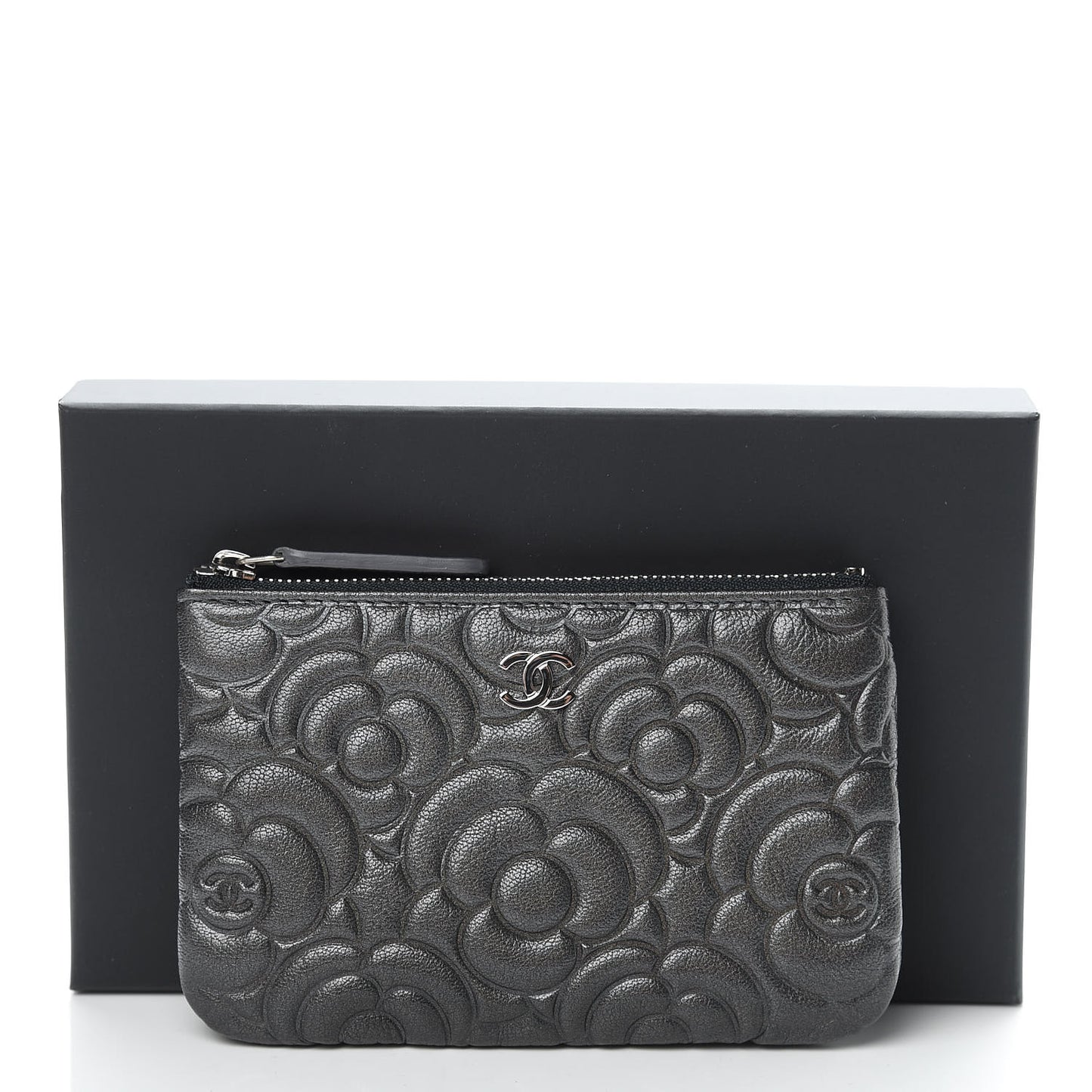 Goatskin Camellia Embossed Cosmetic Pouch Anthracite
