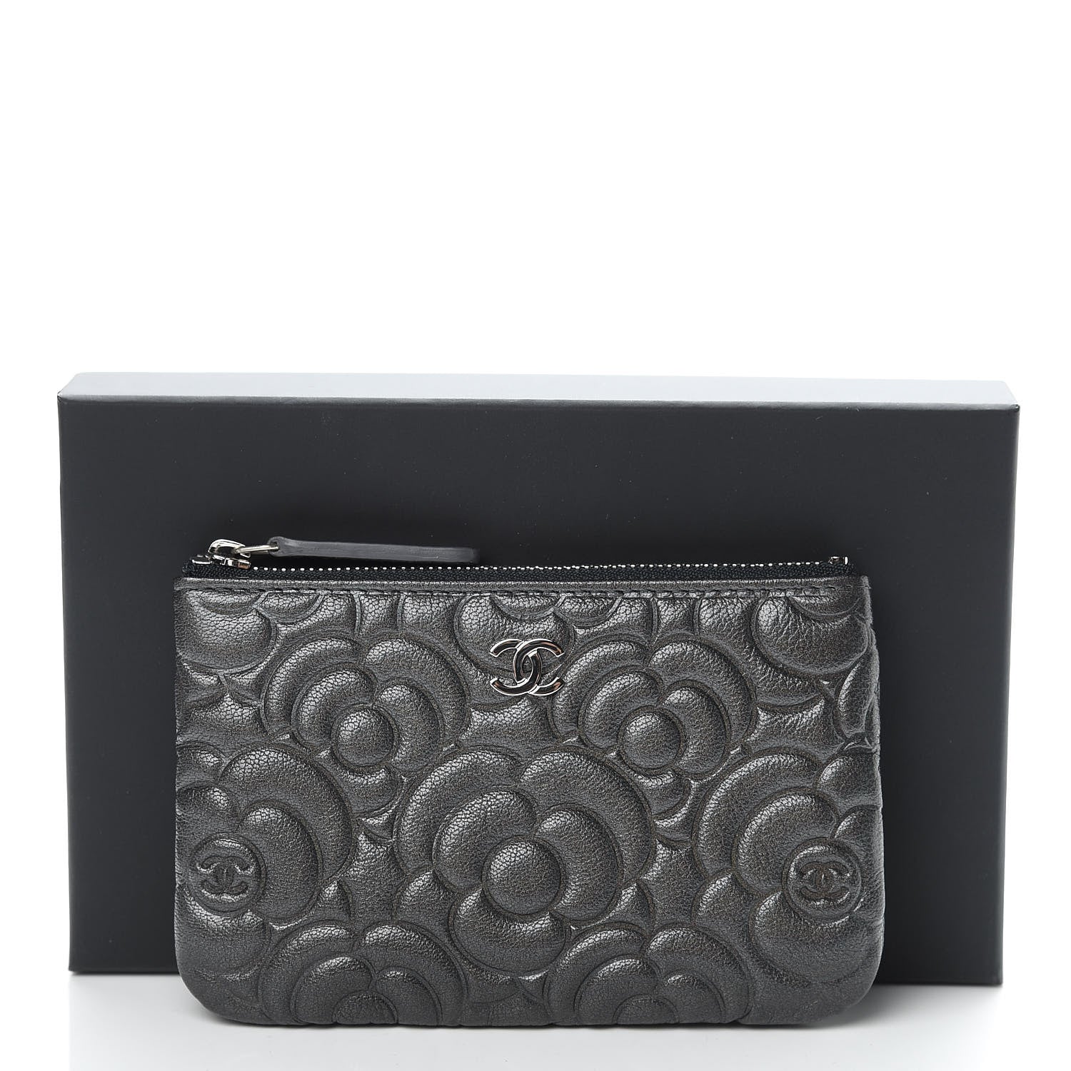 Chanel Goatskin Camellia Embossed Cosmetic Pouch Anthracite 8 of 8