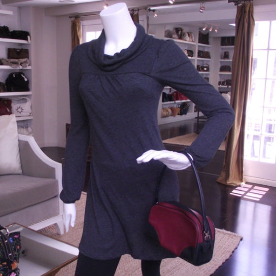 Leather Bowler Tote Maroon Black