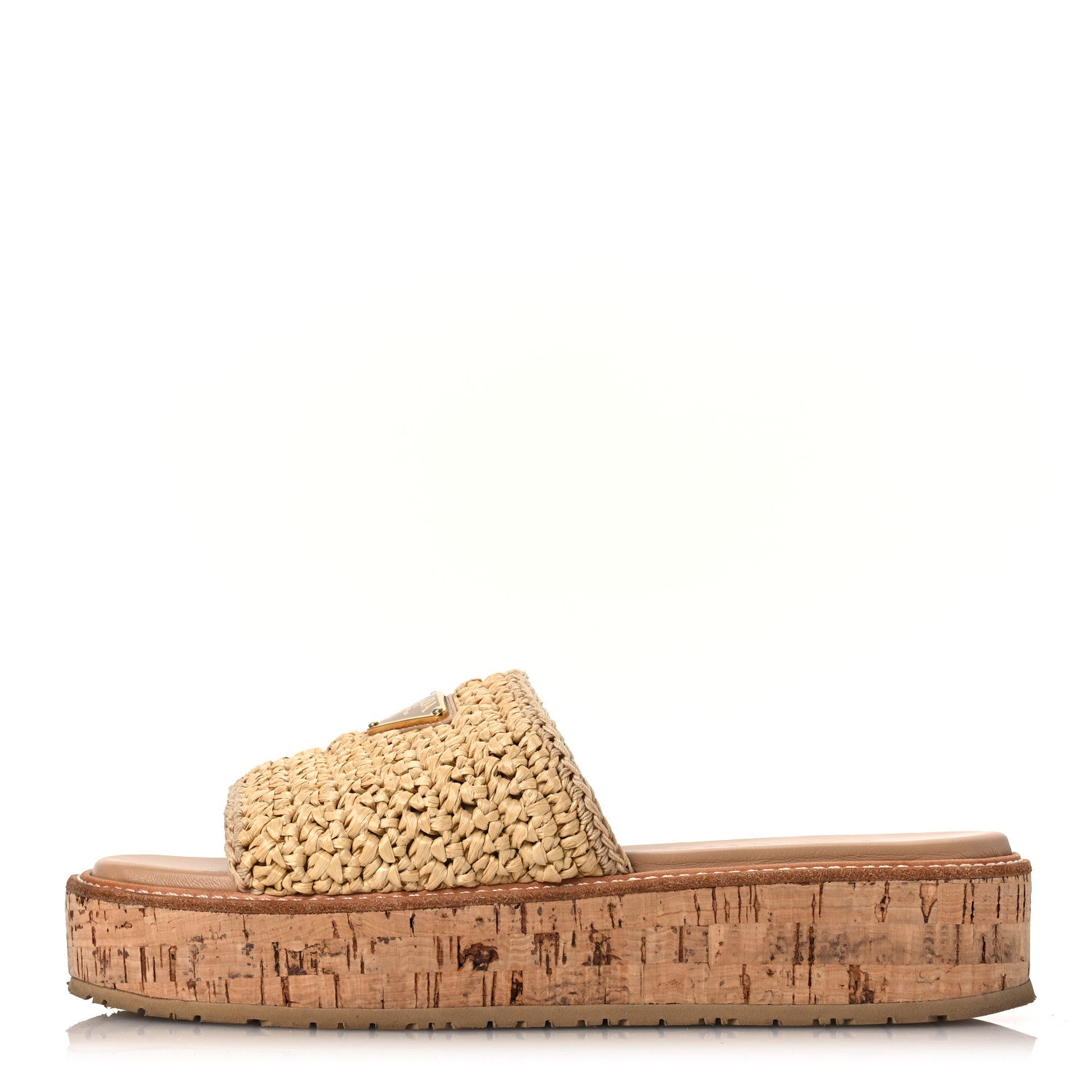 Prada Raffia Cork Metal Triangle Logo Woven Flatform Slide Sandals 38 Naturale 1 of 12